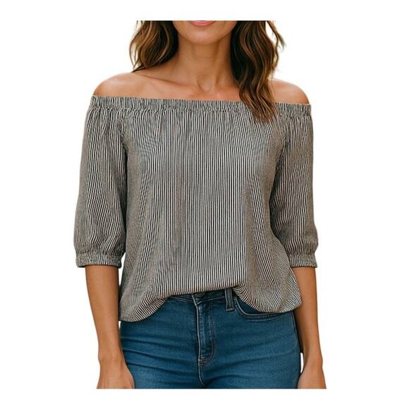 BeachLunchLounge Grey Off The Shoulder Striped Casual Blouse Size Medium - Picture 1 of 14